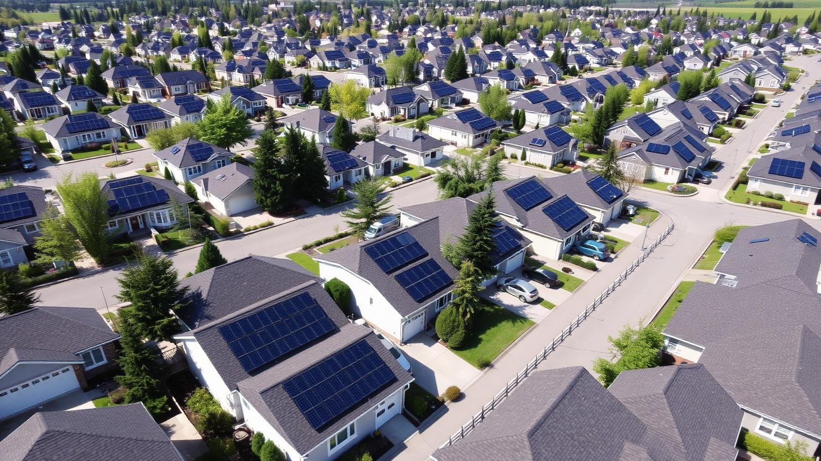 Aerial view of a neighborhood with rooftop solar